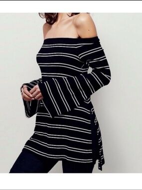 Free People Black & White Off-Shoulder Striped Tunic Large